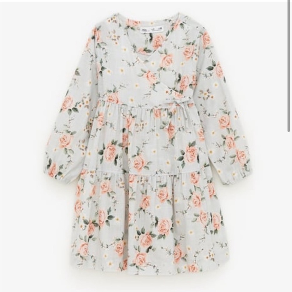 ZARA Girls’ Floral Tiered Wrap Dress 9 Linen rose